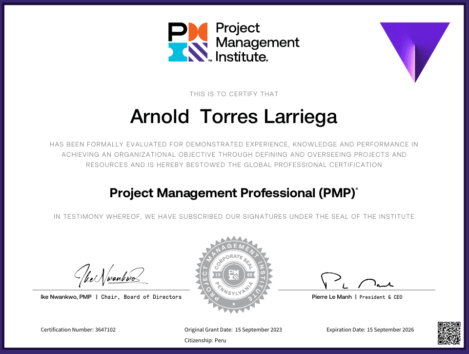 Certificación PMP® de Arnold Torres, otorgada por el Project Management Institute
