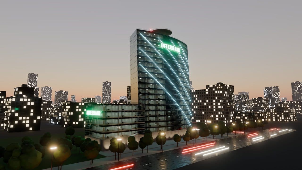 Render nocturno del modelo BIM de la Torre Interbank