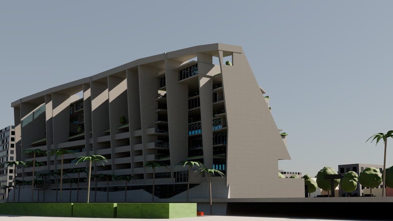 Render del modelo BIM del campus UTEC visto desde la Vía Expresa, con las placas de concreto en «A» del acantilado norte